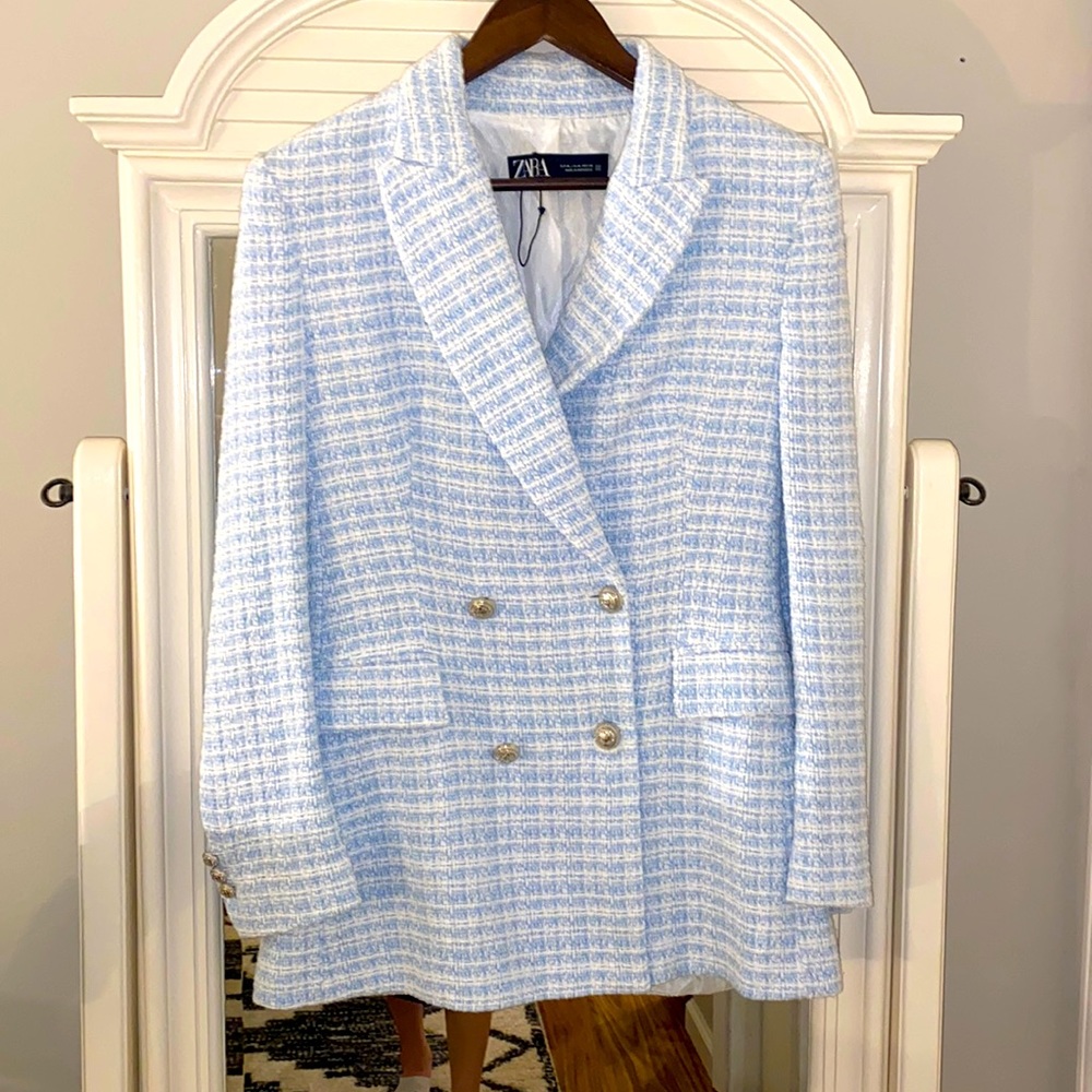 ZARA WOMEN NEW TEXTURED PLAID DOUBLE BREASTED BLAZER